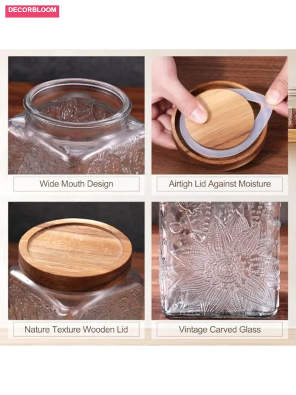 Set of 5 Vintage Glass Jars with Bamboo Airtight Lids Kitchen Food Storage